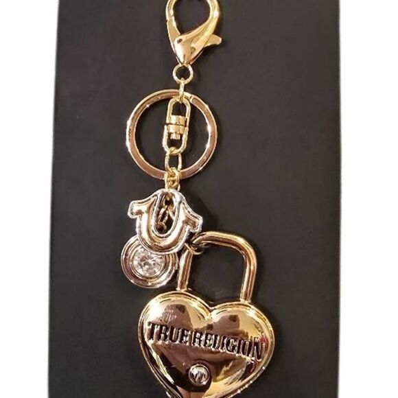 True Religion Gold Logo Heart Lock & Horseshoe Keychain/Bag Charm - Picture 2 of 4